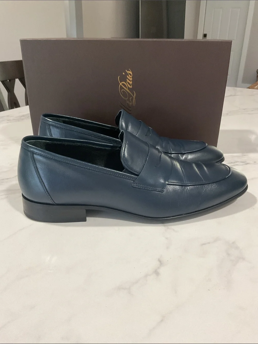 Men's Navy Leather Penny Loafers